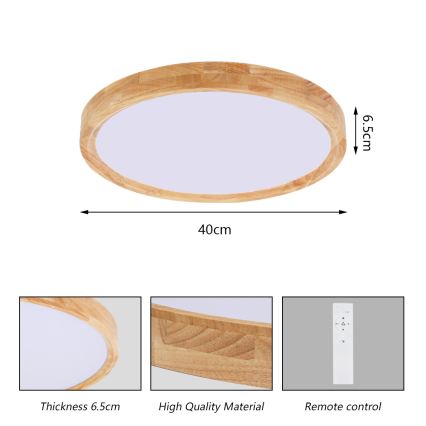 Brilagi - Dimmbare LED-Deckenleuchte WOODROUND LED/30W/230V 3000-6000K Ø 40 cm Holz CRI 90 + Fernbedienung