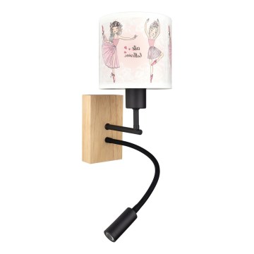 Brilagi - flexible LED-Kinder-Wandleuchte BOBO WOOD 1xE27/25W/230V + LED/3W Eiche/schwarz/weiß/rosa/Ballerina-Motiv