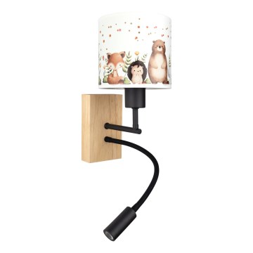 Brilagi - Flexible LED-Kinder-Wandleuchte BOBO WOOD 1xE27/25W/230V + LED/3W Eiche/schwarz/weiß/Tiermotive