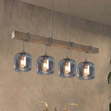 Brilagi - Hängeleuchte mit Seilaufhängung WOOD GLASS 4xE27/60W/230V Kiefer/Grau/Rauchgrau