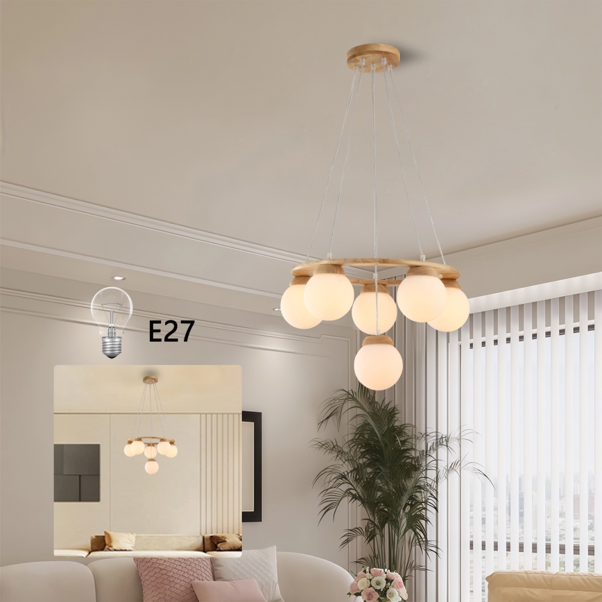 Brilagi - Kabel-Pendelleuchte VISBY WOOD 6xE27/60W/230V Ø 58 cm Gummibaumholz