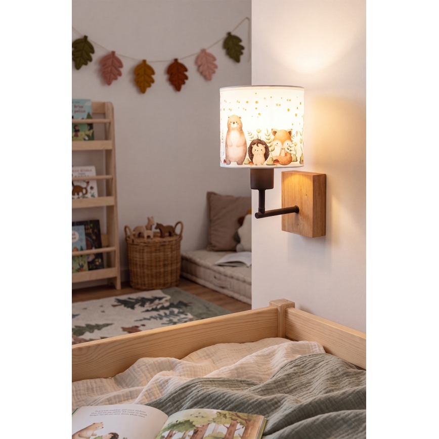 Brilagi - Lampada da parete per bambini BOBO WOOD 1xE27/25W/230V rovere/nero/bianco/animaletti