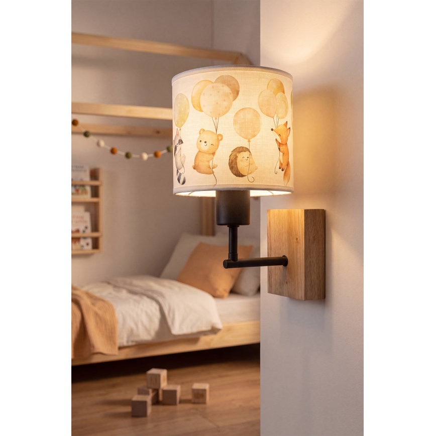 Brilagi - Lampada da parete per bambini BOBO WOOD 1xE27/25W/230V rovere/nero/bianco con animaletti
