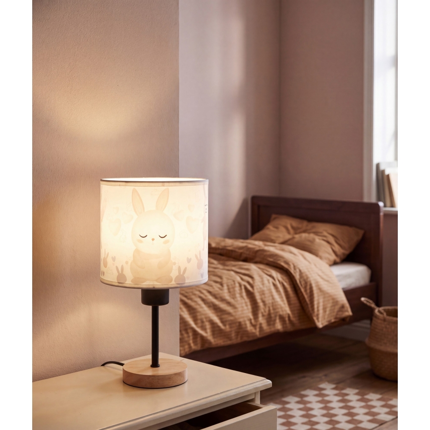 Brilagi - Lampada da tavolo per bambini BOBO WOOD 1xE27/25W/230V rovere/nero/bianco/coniglietti