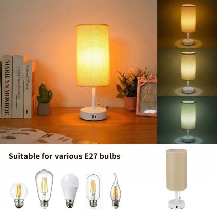 Brilagi - Lampada da tavolo con porta USB TABLON 1xE27/25W/230V bianco/beige