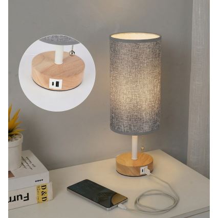 Brilagi - Lampada da tavolo con porta USB TABLON 1xE27/25W/230V rovere/bianco/grigio