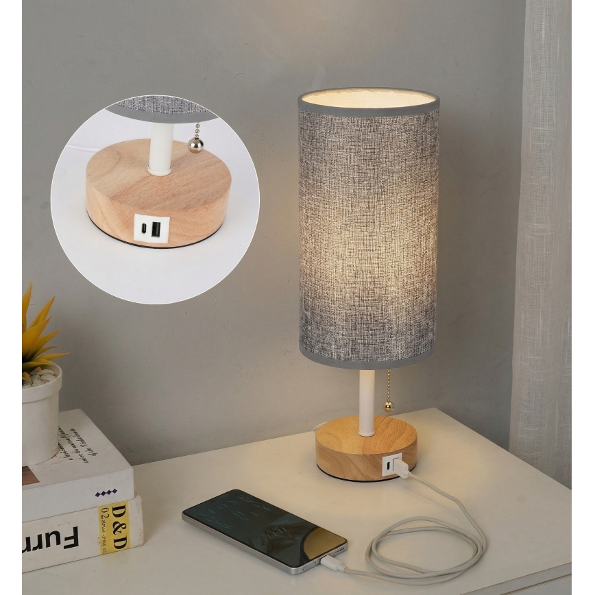 Brilagi - Lampada da tavolo con porta USB TABLON 1xE27/25W/230V rovere/bianco/grigio
