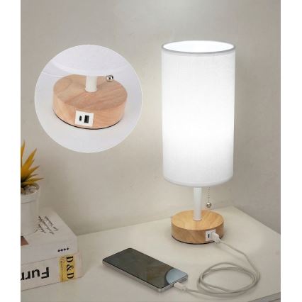 Brilagi - Lampada da tavolo con porta USB TABLON 1xE27/25W/230V rovere/bianco