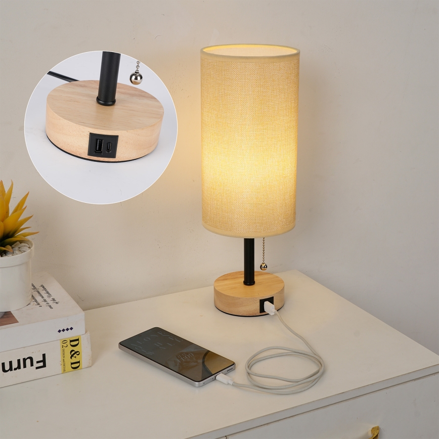 Brilagi - Lampada da tavolo con porta USB TABLON 1xE27/25W/230V rovere/nero/beige