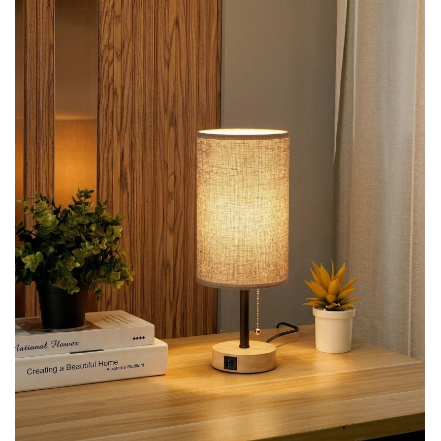 Brilagi - Lampada da tavolo con porta USB TABLON 1xE27/25W/230V rovere/nero/grigio