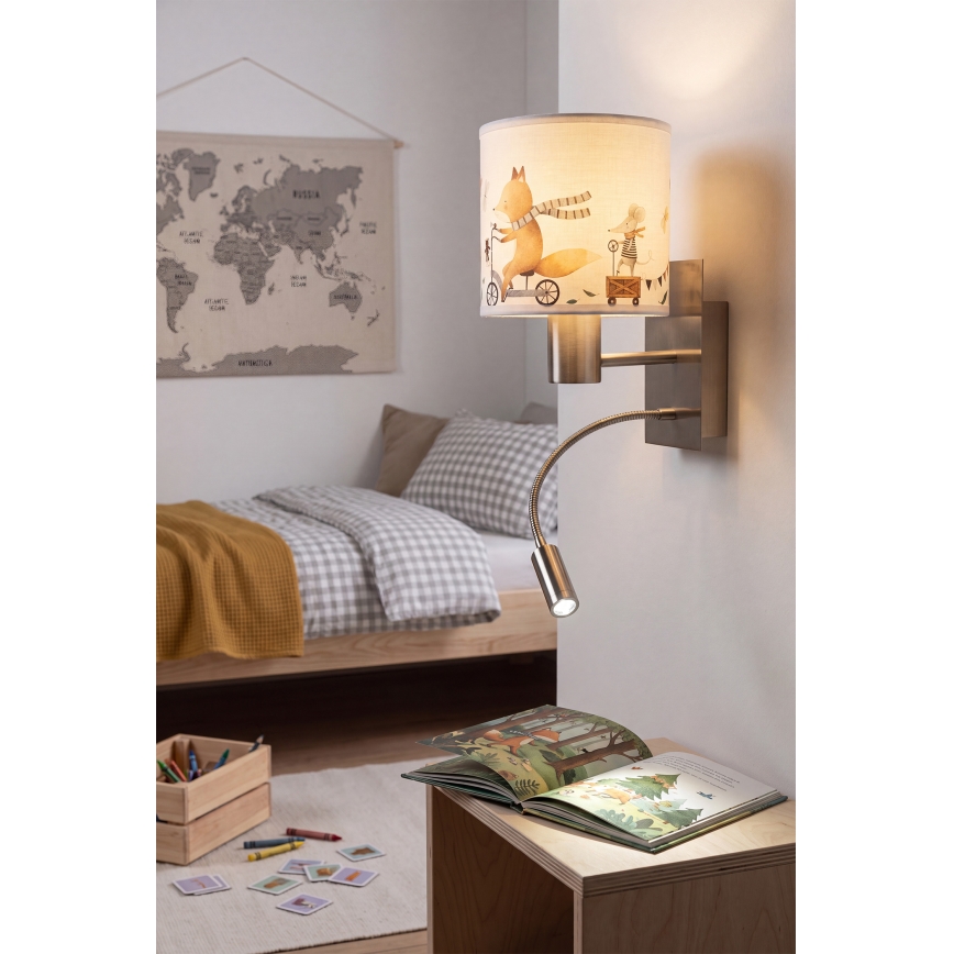 Brilagi - Lampada da parete flessibile LED per bambini BOBO 1xE27/25W/230V + LED/3W cromo opaco/bianco/animaletti