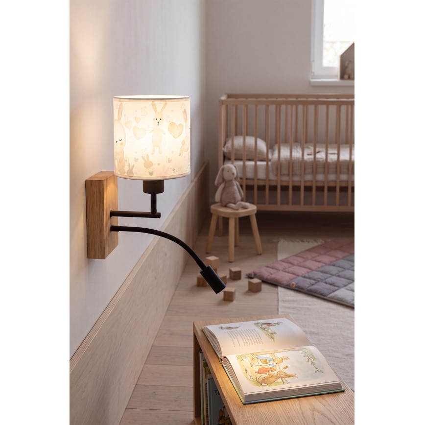 Brilagi - Lampada da parete flessibile LED per bambini BOBO WOOD 1xE27/25W/230V + LED/3W rovere/nera/bianca/coniglietti