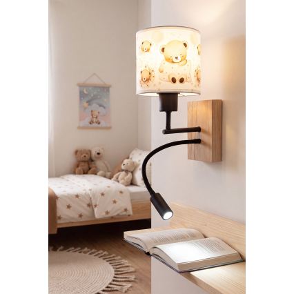 Brilagi - Lampada da parete flessibile LED per bambini BOBO WOOD 1xE27/25W/230V + LED/3W rovere/nero/bianco/orsetti