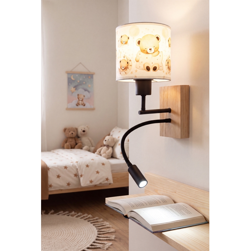 Brilagi - Lampada da parete flessibile LED per bambini BOBO WOOD 1xE27/25W/230V + LED/3W rovere/nero/bianco/orsetti