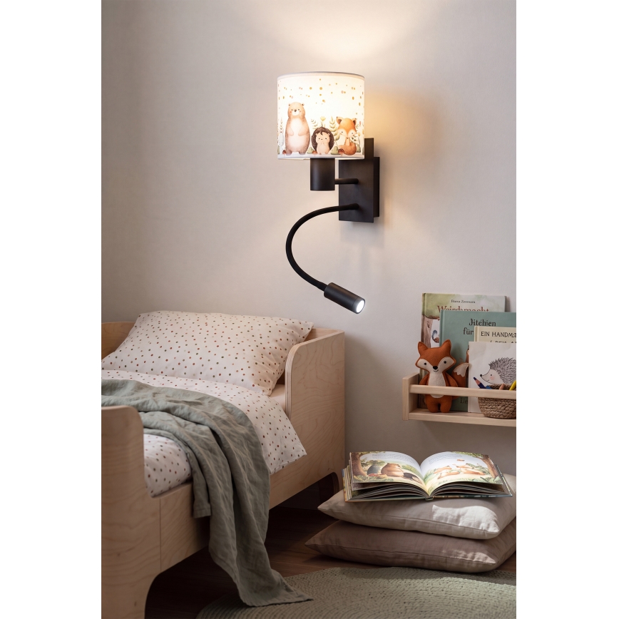 Brilagi - Lampada da parete flessibile per bambini LED BOBO 1xE27/25W/230V + LED/3W nero/bianco/animaletti