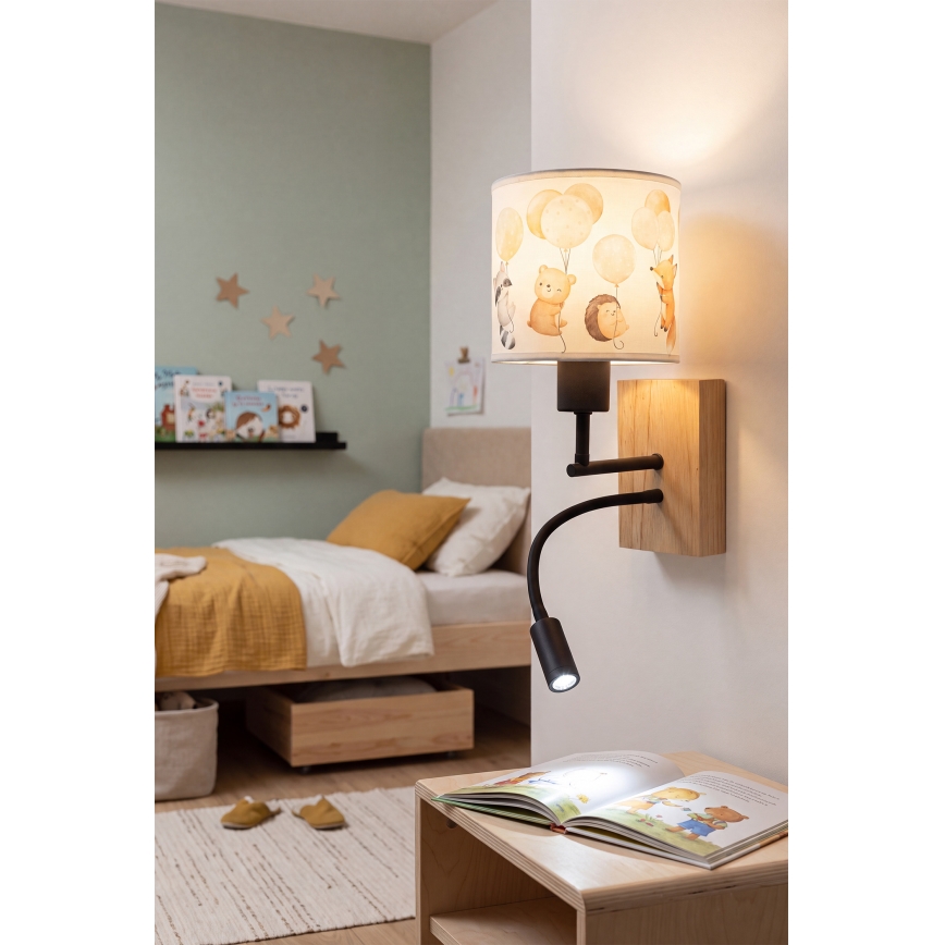 Brilagi - Lampada da parete flessibile LED per bambini BOBO WOOD 1xE27/25W/230V + LED/3W rovere/nero/bianco/animali
