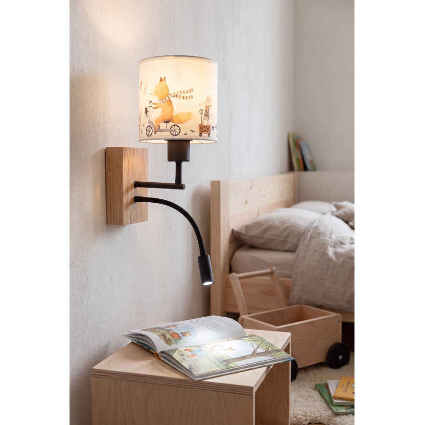 Brilagi - Lampada da parete flessibile a LED per bambini BOBO WOOD 1xE27/25W/230V + LED/3W rovere/nero/bianco/animaletti