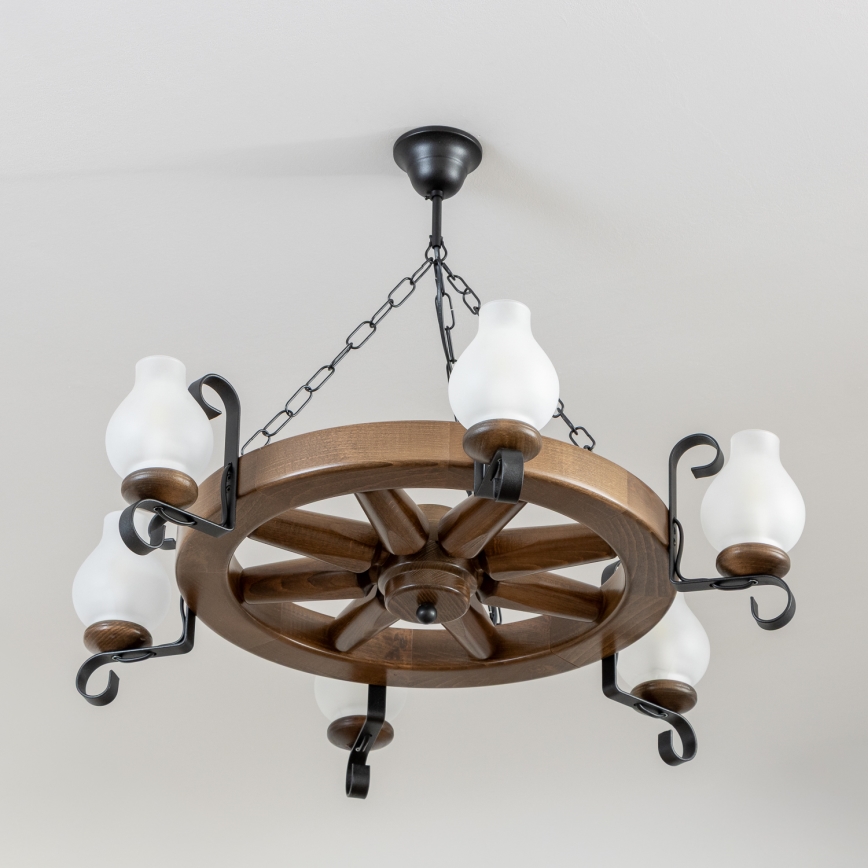 Brilagi - Lampadario a catena ROATA 6xE14/40W/230V Ø 70 cm faggio/noce