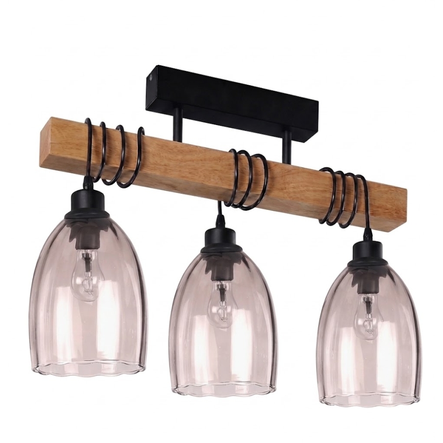 Brilagi - Plafoniera WOOD GLASS 3xE27/60W/230V pino/nero/beige fumé