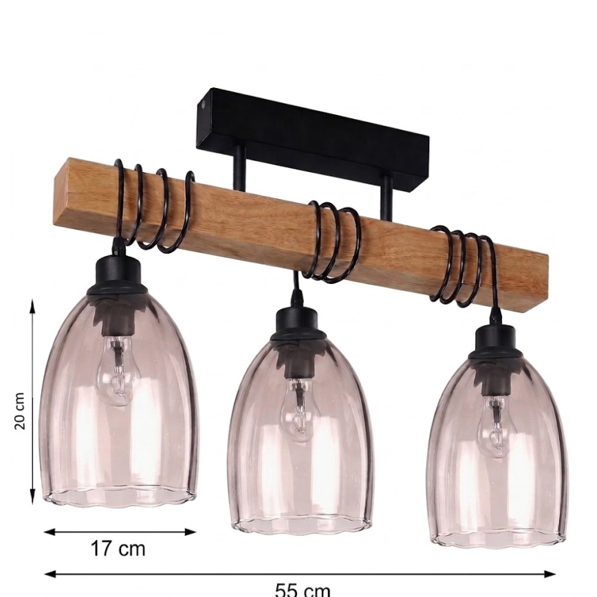 Brilagi - Plafoniera WOOD GLASS 3xE27/60W/230V pino/nero/beige fumé