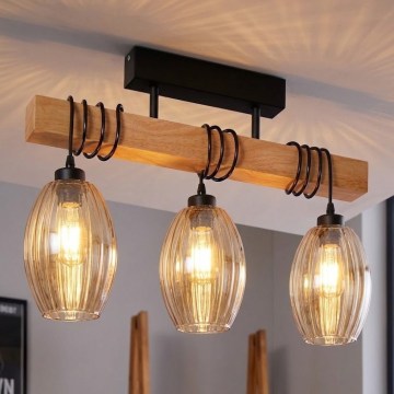 Brilagi - Lampadario a plafone WOOD GLASS 3xE27/60W/230V pino/nero/beige fumé