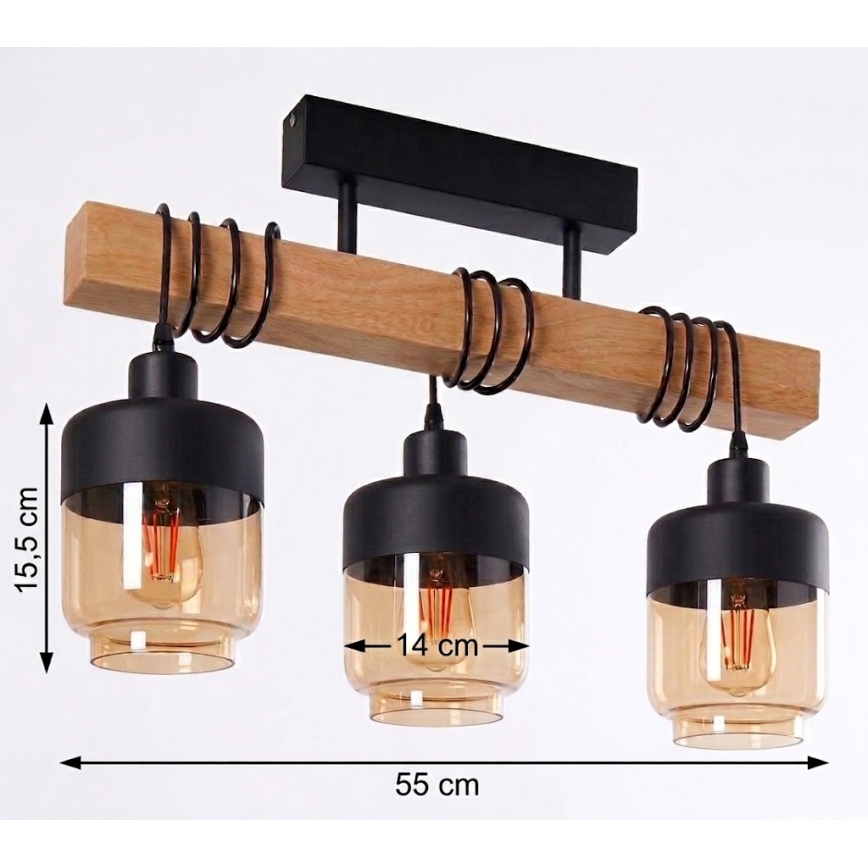 Brilagi - Plafoniera WOOD GLASS 3xE27/60W/230V pino/nero/marrone fumé