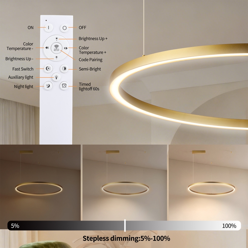 Brilagi - Lampadario LED dimmerabile sospeso su cavo PORTOFINO LED/60W/230V 3000-6000K Ø 80 cm dorato + telecomando