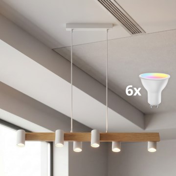 Brilagi - lampadario LED RGBW dimmerabile a sospensione con cavo SELE 6xGU10/6,5W/230V 2700-6500K bianco/effetto rovere + telecomando