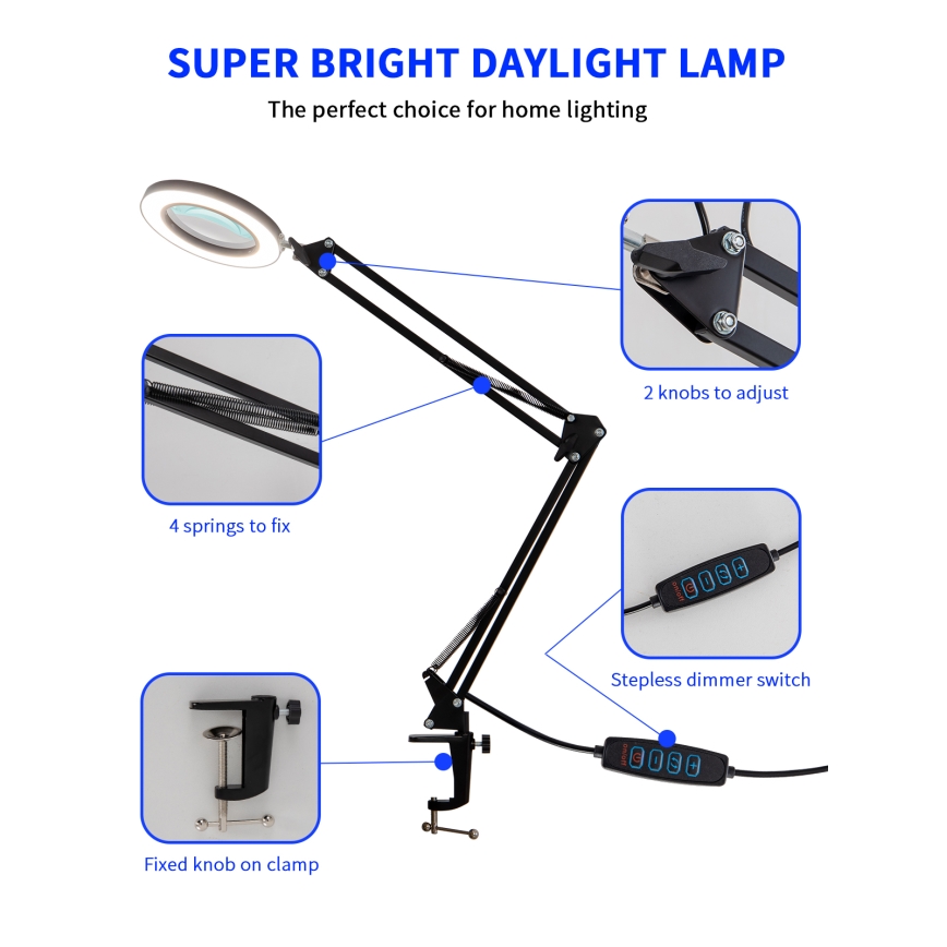 Brilagi - Lampe de table à intensité variable avec loupe LENS LED/12W/5V 3000/4200/6000K noir