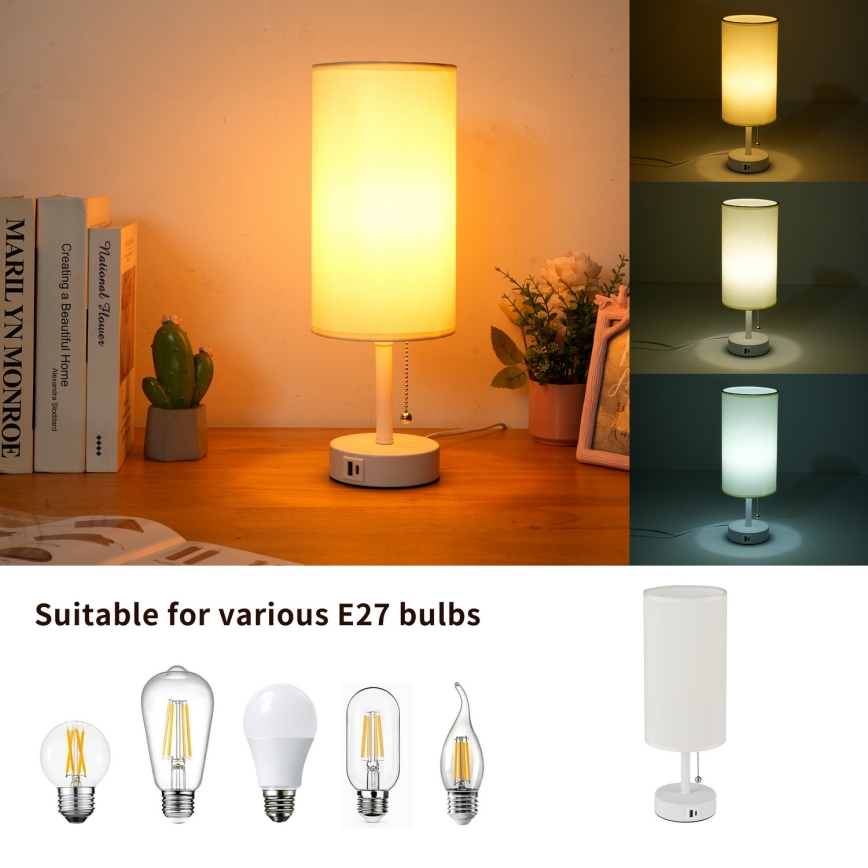 Brilagi - Lampe de table avec port USB TABLON 1xE27/25W/230V blanc/crème