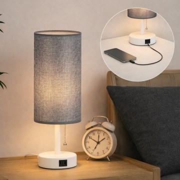 Brilagi - Lampe de table avec port USB TABLON 1xE27/25W/230V blanche/grise