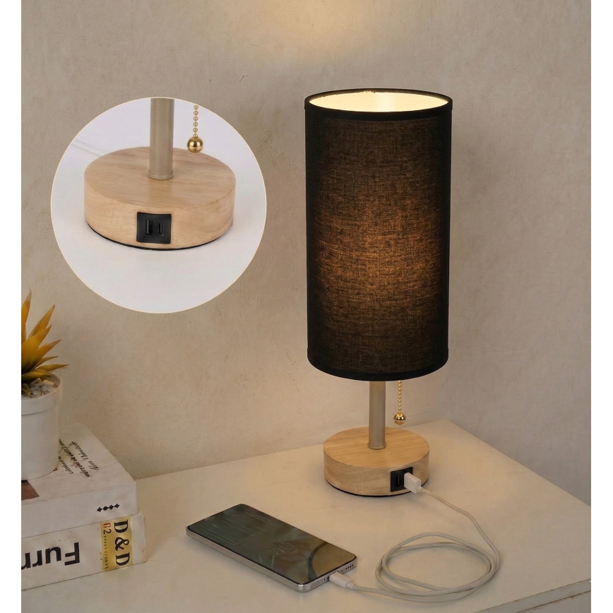 Brilagi - Lampe de table avec port USB TABLON 1xE27/25W/230V chêne/beige/noir