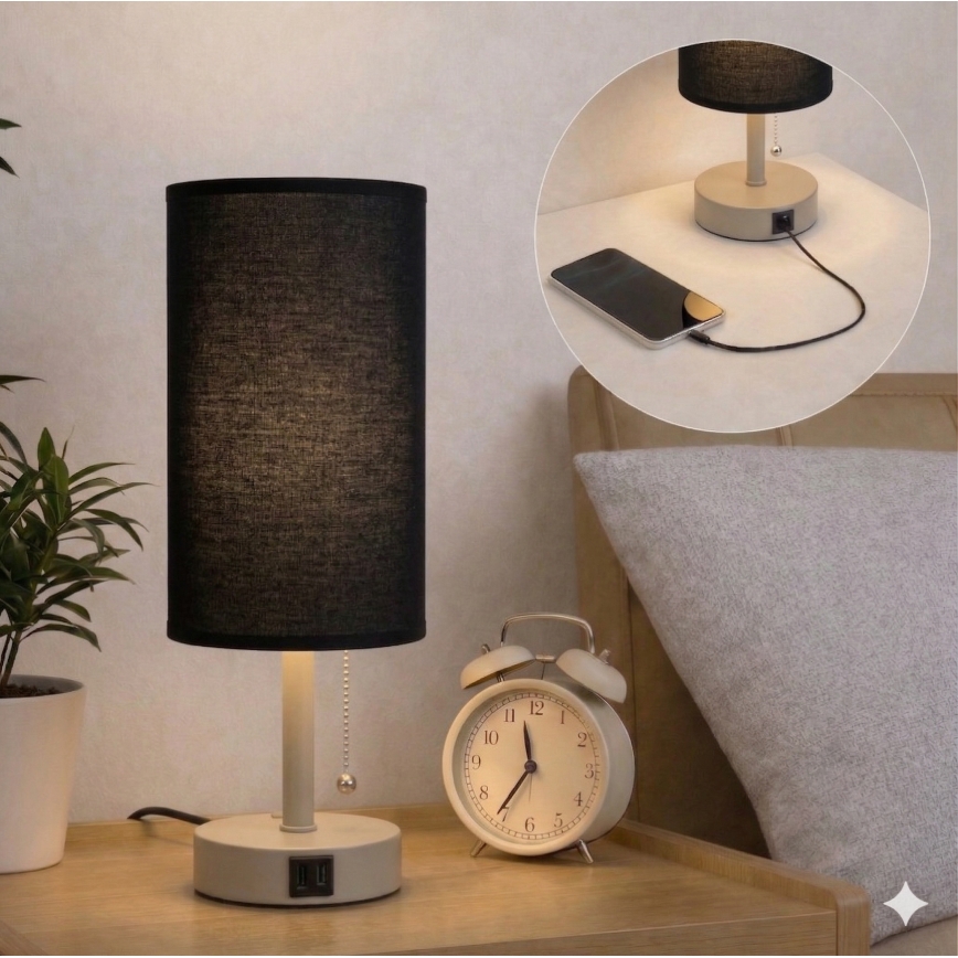 Brilagi - Lampe de table TABLON avec port USB 1xE27/25W/230V beige/noir