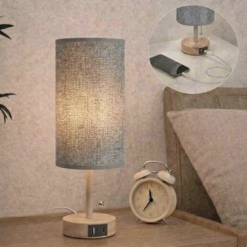 Brilagi - Lampe de table TABLON avec port USB 1xE27/25W/230V chêne/beige/gris