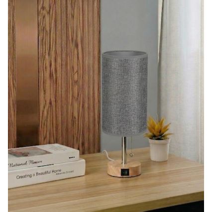 Brilagi - Lampe de table TABLON avec port USB 1xE27/25W/230V chêne/beige/gris