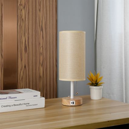 Brilagi - Lampe de table TABLON avec port USB, 1xE27/25W/230V, chêne/blanc/beige