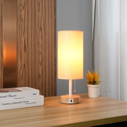 Brilagi - Lampe de table TABLON avec port USB, 1xE27/25W/230V, chêne/blanc/beige