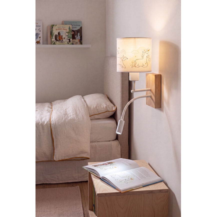 Brilagi - Lampe murale LED flexible pour enfants BOBO WOOD 1xE27/25W/230V + LED/3W chêne/blanc/licornes