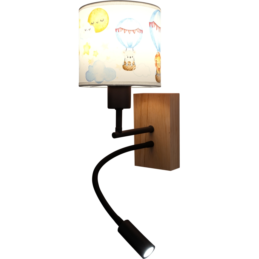 Brilagi - Lampe murale flexible LED pour enfants BOBO WOOD 1xE27/25W/230V + LED/3W chêne/noir/blanc/motifs d'animaux