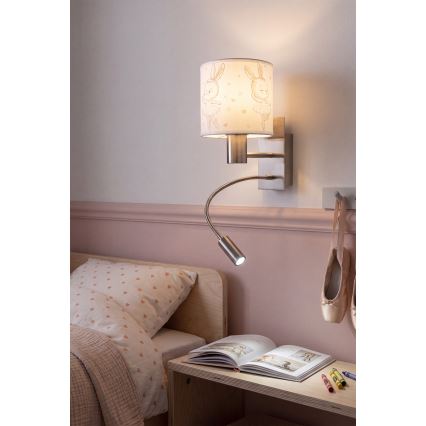 Brilagi - Lampe murale LED flexible pour enfants BOBO 1xE27/25W/230V + LED/3W chrome mat/blanche/à motifs de petits lapins
