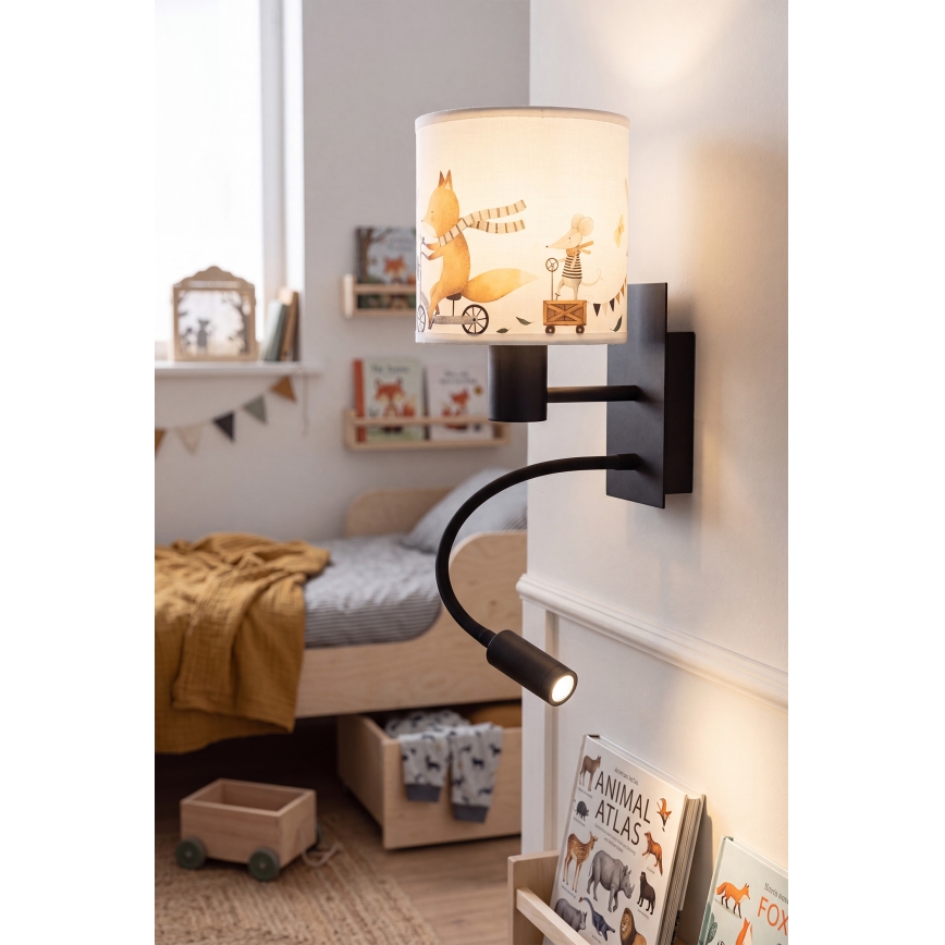 Brilagi - Lampe murale LED flexible pour enfants BOBO 1xE27/25W/230V + LED/3W noir/blanc/motifs animaux