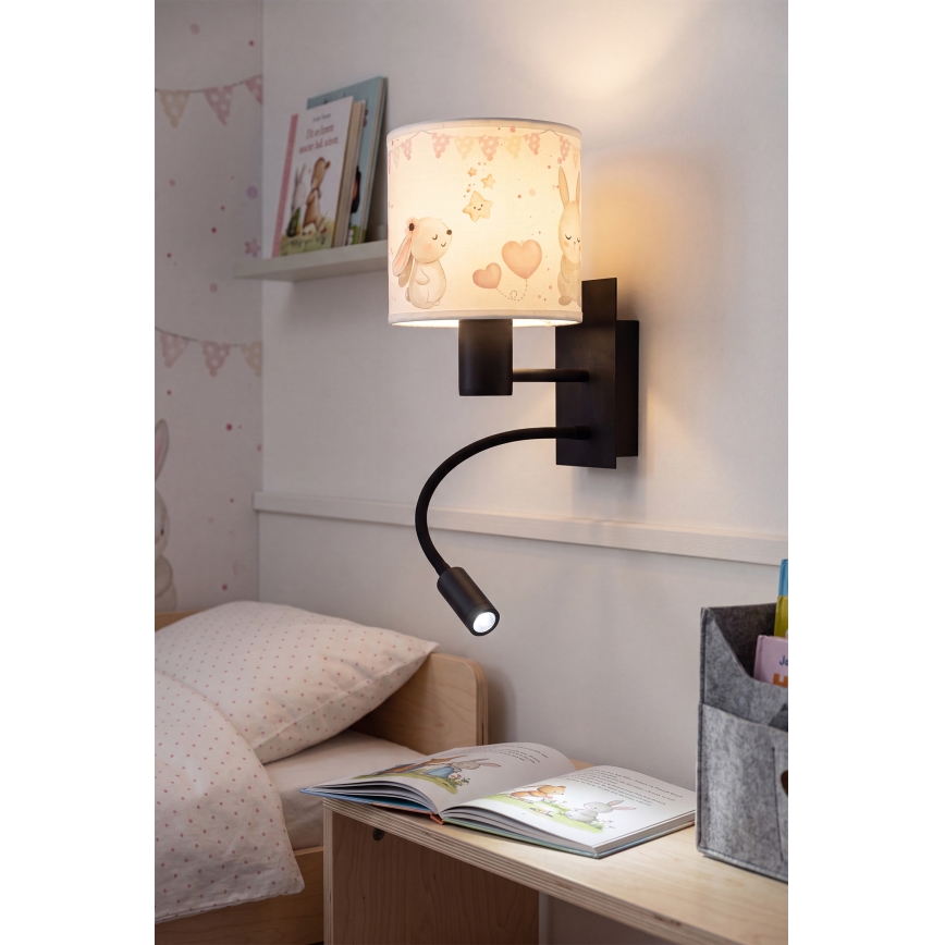 Brilagi - Lampe murale flexible LED pour enfant BOBO 1xE27/25W/230V + LED/3W noir/crème/motif lapins
