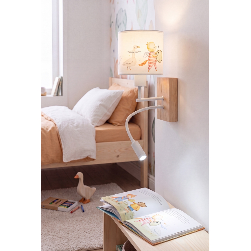 Brilagi - Lampe murale enfant LED flexible BOBO WOOD 1xE27/25W/230V + LED/3W chêne/blanc/motifs d'animaux