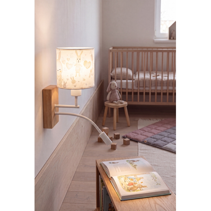Brilagi - Lampe murale LED flexible pour enfants BOBO WOOD 1xE27/25W/230V + LED/3W chêne/blanc/lapins