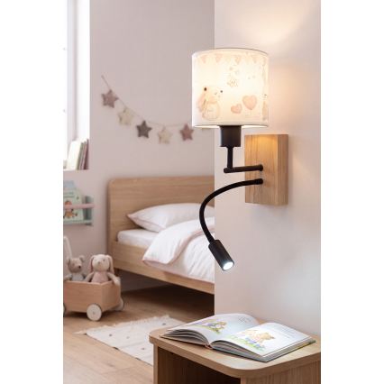 Brilagi - Lampe murale LED flexible pour enfants BOBO WOOD 1xE27/25W/230V + LED/3W chêne/noir/crème/lapins