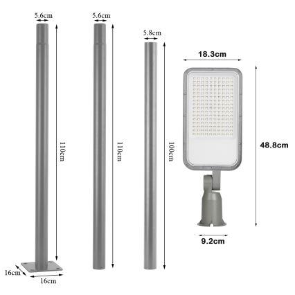 Brilagi - LED-Außen-Straßenleuchte mit 3 m Mast und Gelenk URBANLIGHT LED/100W/230V grau IP65