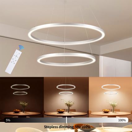 Brilagi - PORTOFINO LED dimmbare Pendelleuchte mit Seilaufhängung, LED 98W, 230V, 3000–6000K, Ø 80 cm, silber + Fernbedienung