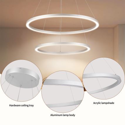 Brilagi - PORTOFINO LED dimmbare Pendelleuchte mit Seilaufhängung, LED 98W, 230V, 3000–6000K, Ø 80 cm, silber + Fernbedienung