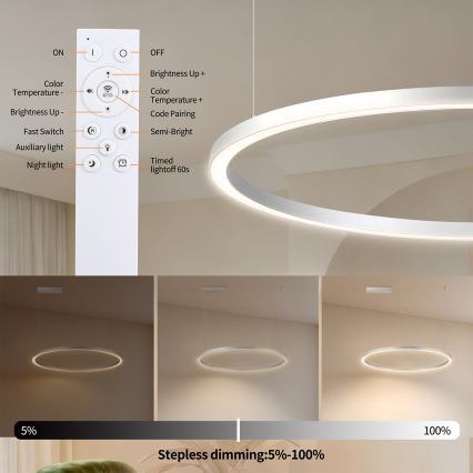 Brilagi - LED-dimmbare Pendelleuchte an Kabel PORTOFINO LED/60W/230V 3000–6000K Ø 80 cm silber + Fernbedienung