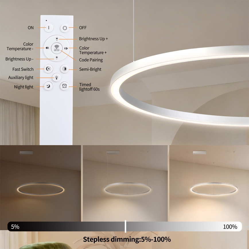 Brilagi - LED-dimmbare Pendelleuchte an Kabel PORTOFINO LED/60W/230V 3000–6000K Ø 80 cm silber + Fernbedienung